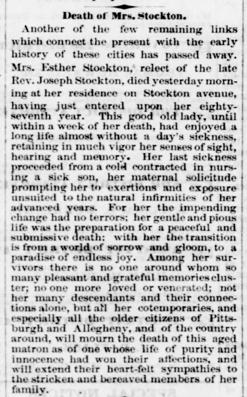 Obituary for Esther (Clark) Stockton, widow of the Rev. Joseph Stockton of Pittsburgh.