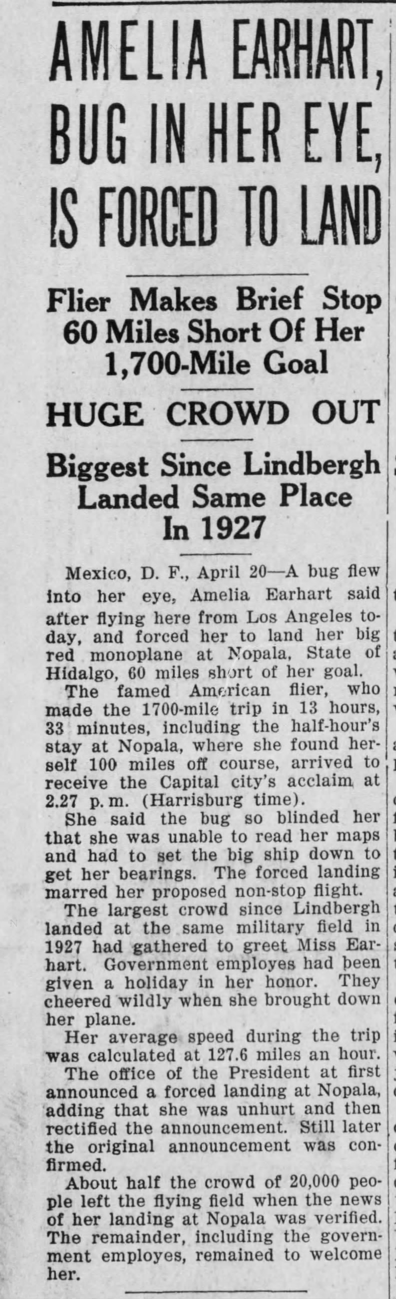 Amelia Earhart flies solo from LA to Mexico