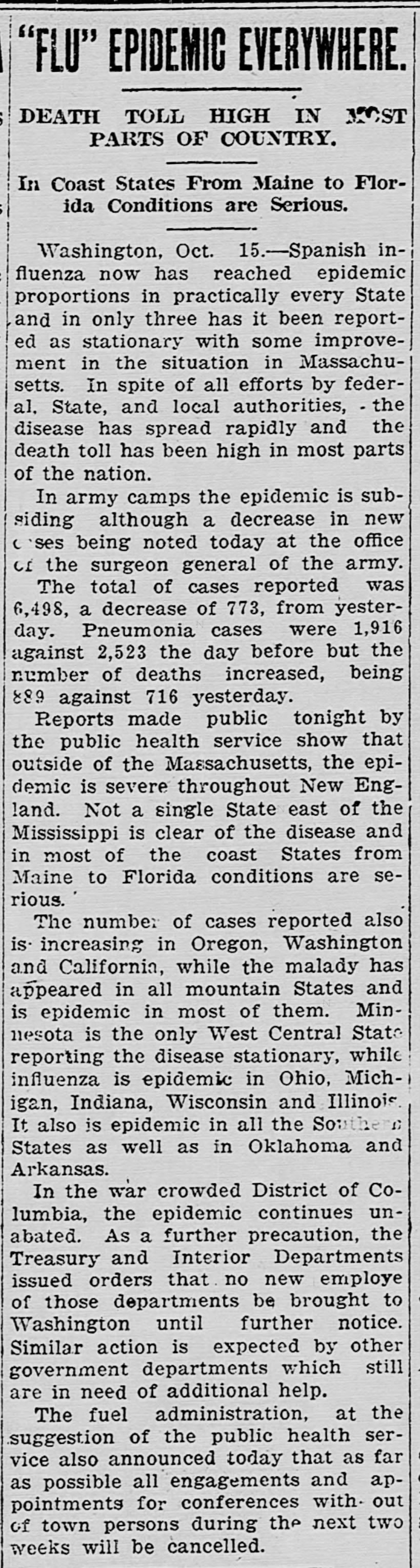 Article reports that 1918 Spanish flu has reached "epidemic proportions in practically every state"