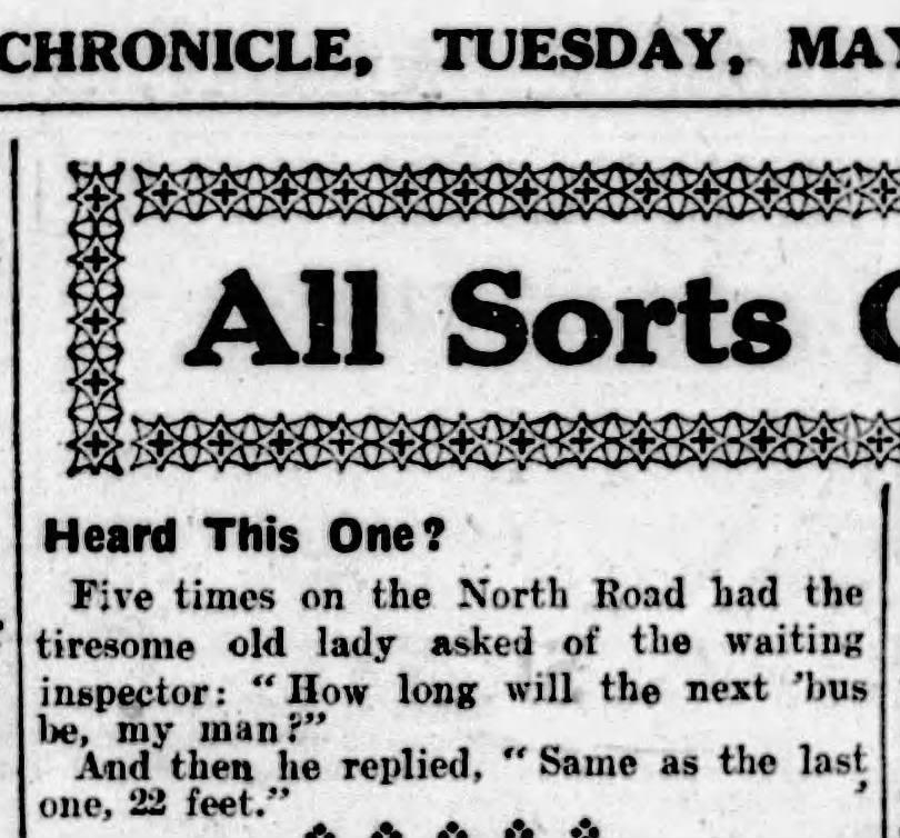 "How long will the next bus be?" joke (1927).