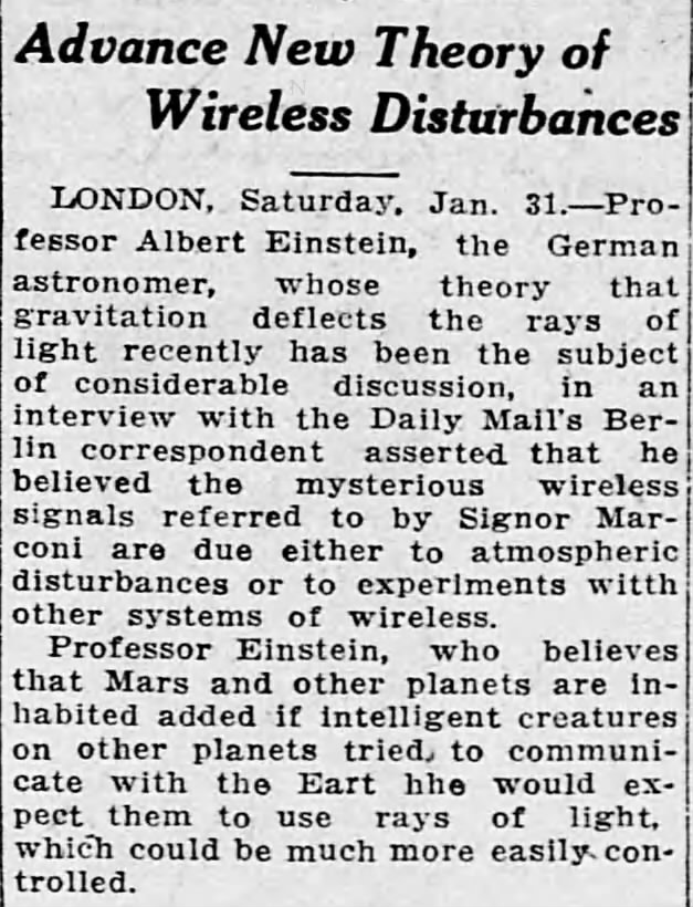 In a interview Einstein proposes inhabitants of other planets would use rays of light to communicate