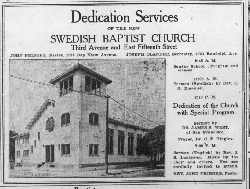 dedication services for Swedish Baptist Church
