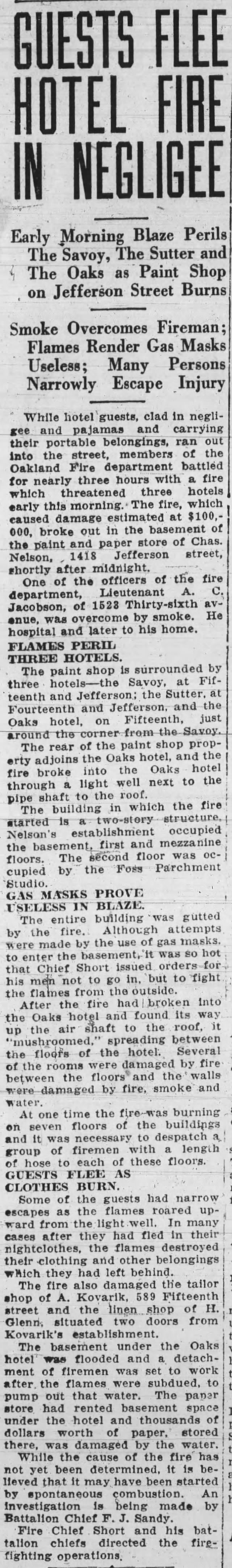 paint shop fire imperils Hotel Savoy, The Oaks Hotel, Sutter Hotel