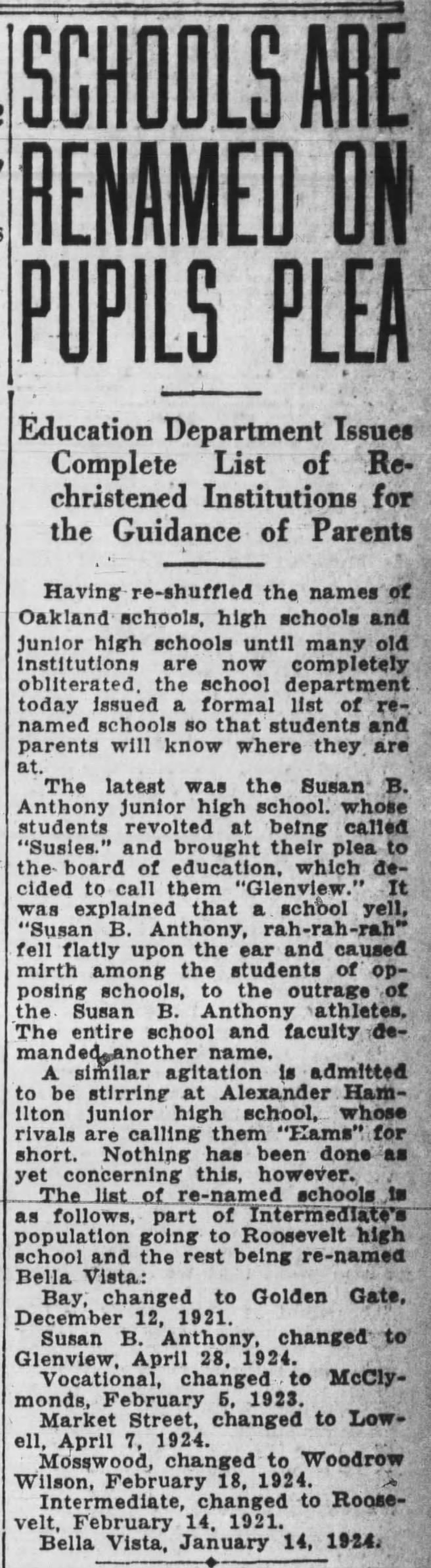 schools renamed -- Susan B. Anthony Jr. High becomes Glenview