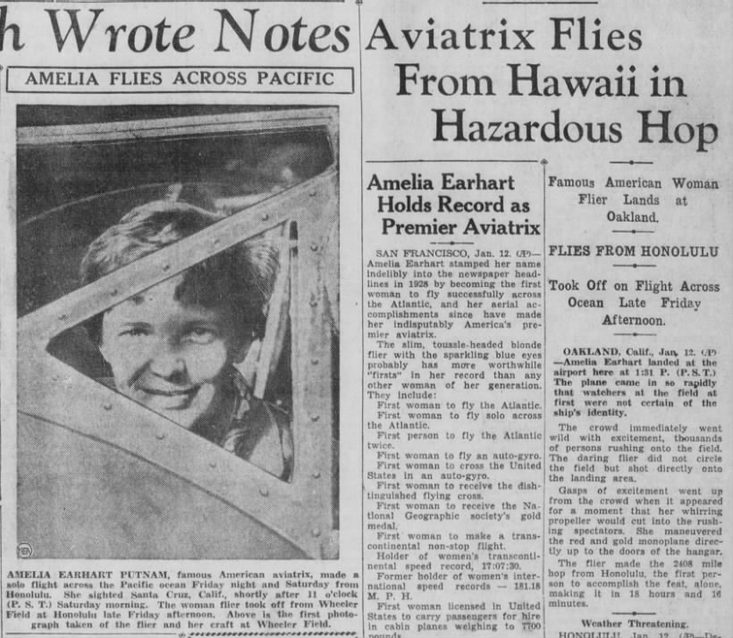 Amelia Earhart flies from Hawaii to California