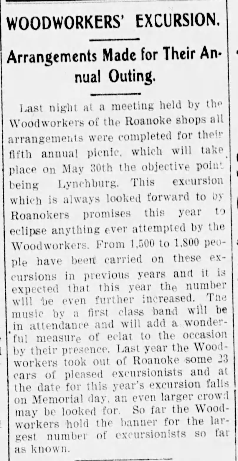 Woodworkers at the Roanoke Shops plan picnic - 1903 