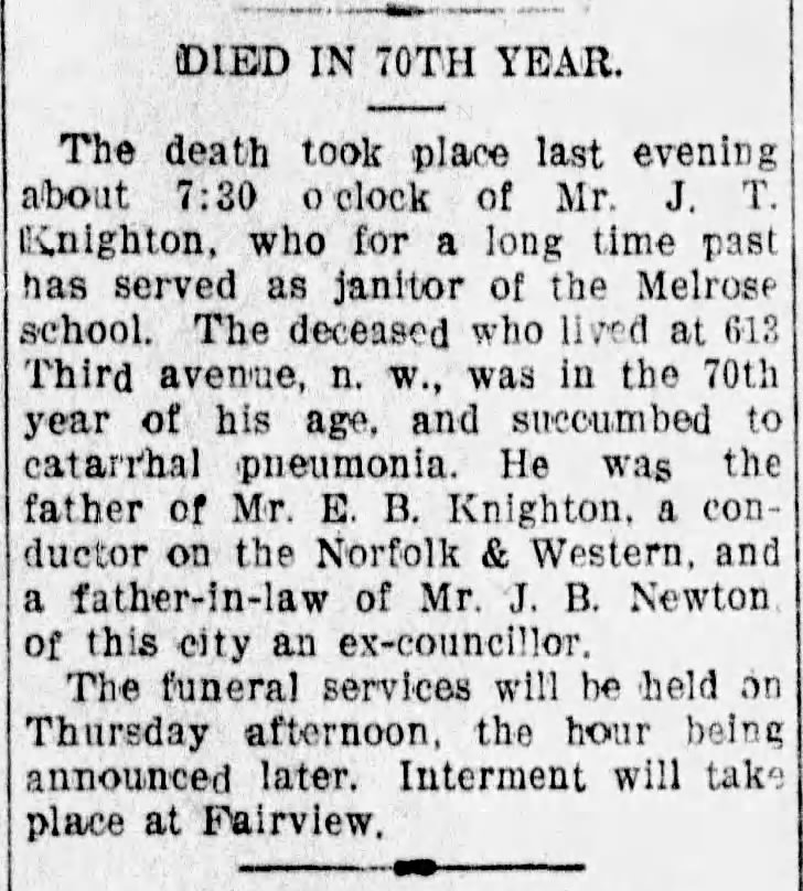 Obituary for J.T. Knighton - 1904 