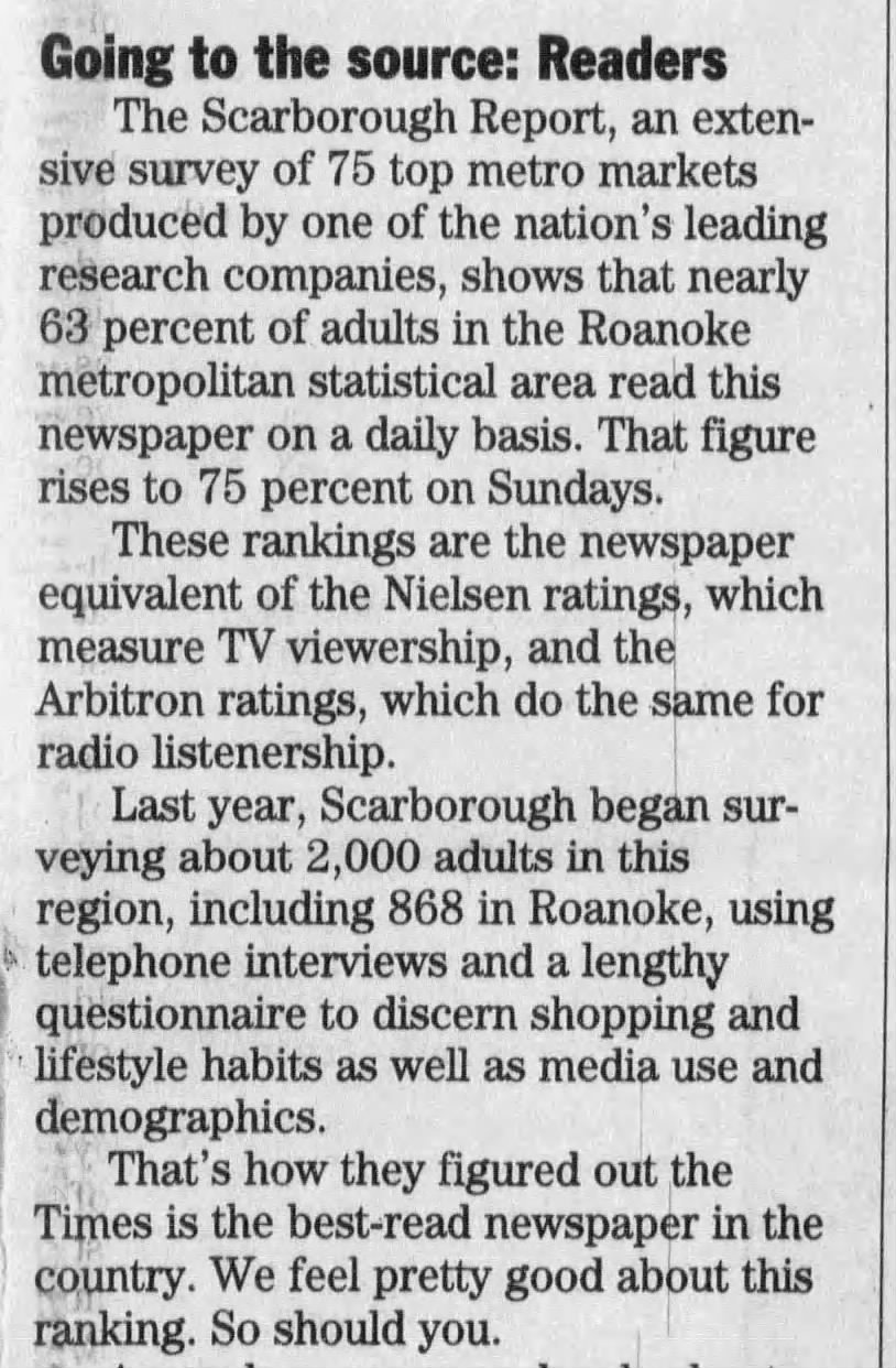 Scarborough Report names The Roanoke Times as best-ready paper in the country 