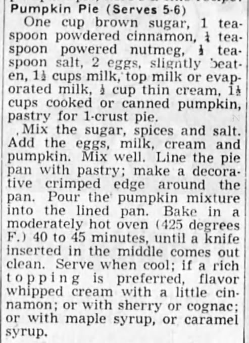 Pumpkin Pie recipe, 1948