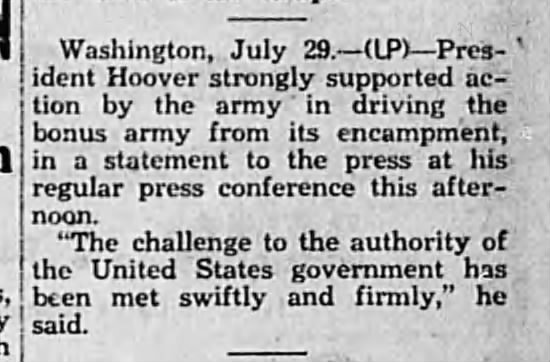 Hoover supports eviction of Bonus Army