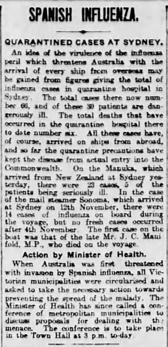 Australia uses quarantine to try to prevent spread of Spanish flu from abroad in 1918