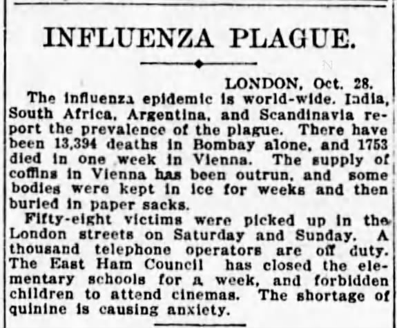 1918 Spanish flu is worldwide epidemic in late October 1918; Many countries are affected
