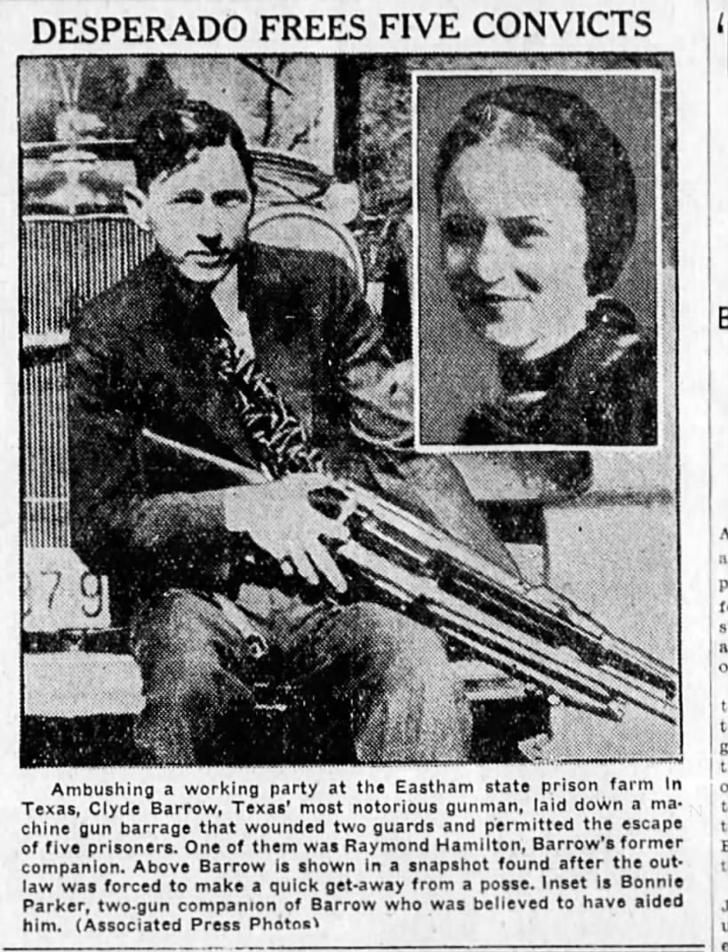 Clyde with gun. Photo of Bonnie at right.