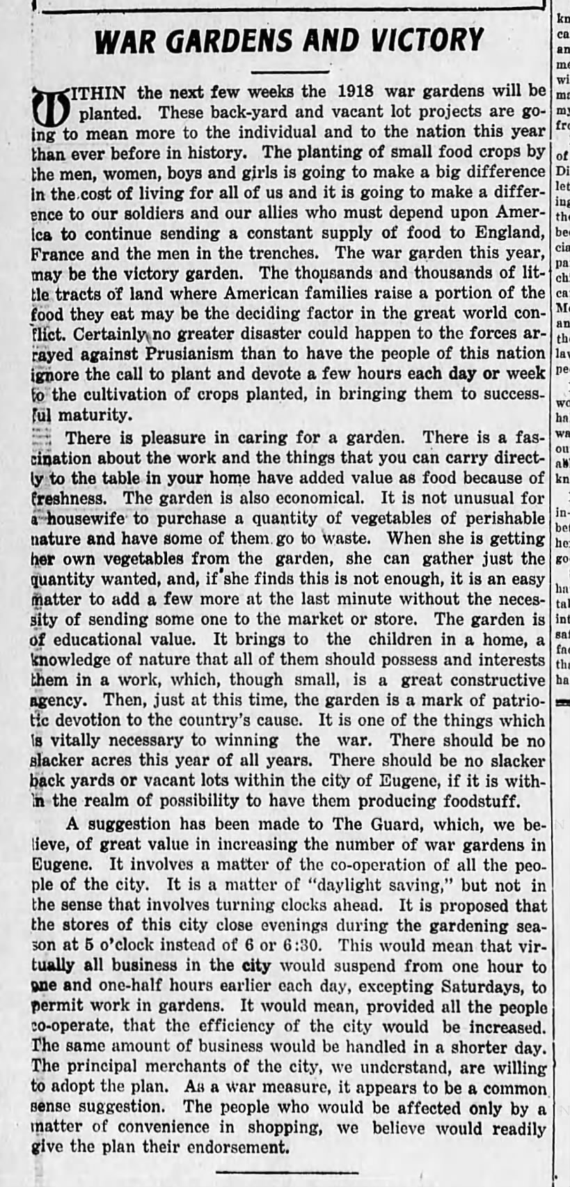 WWI article promoting planting war gardens