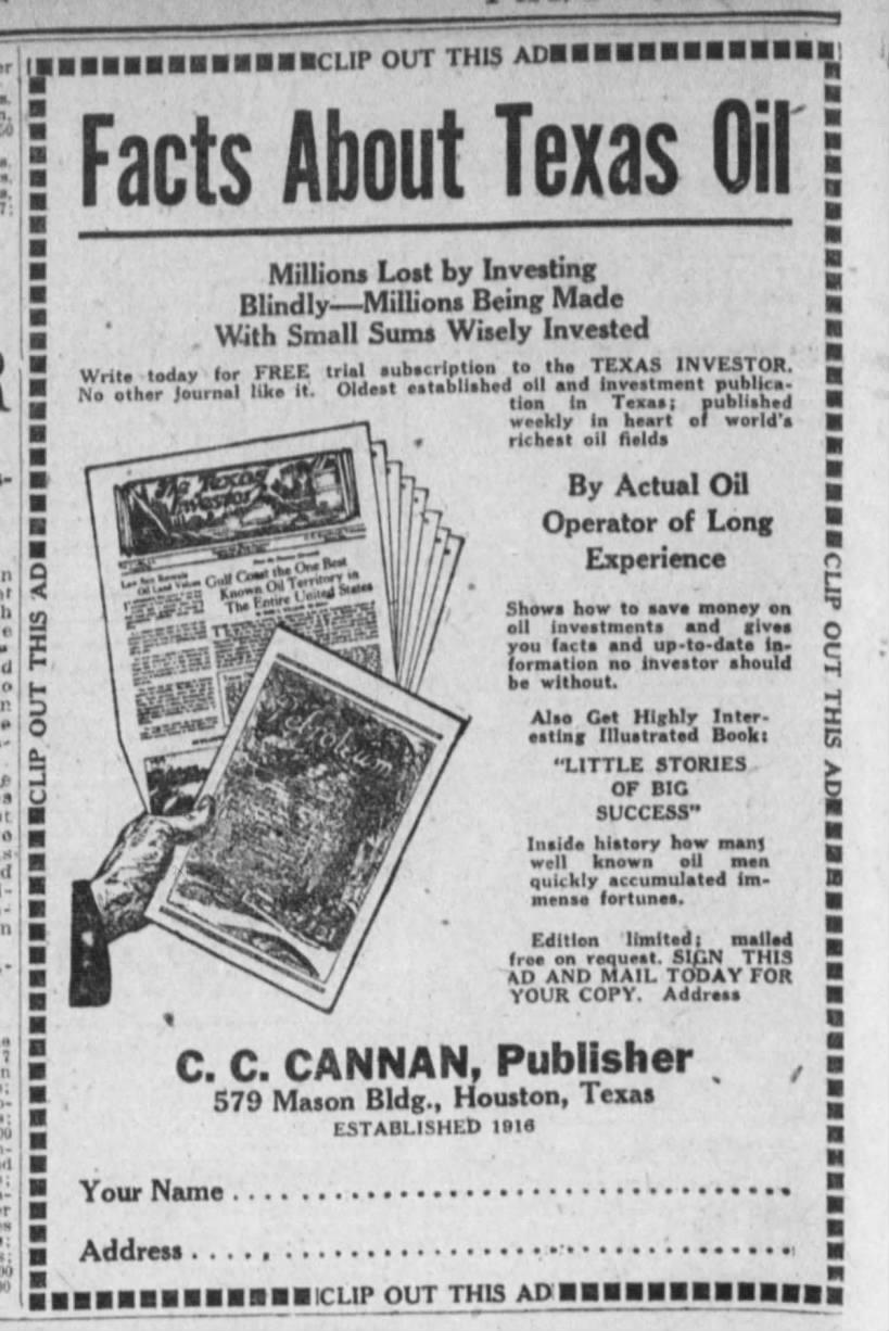 C.C. Cannan publisher ad "Facts about Texas Oil."