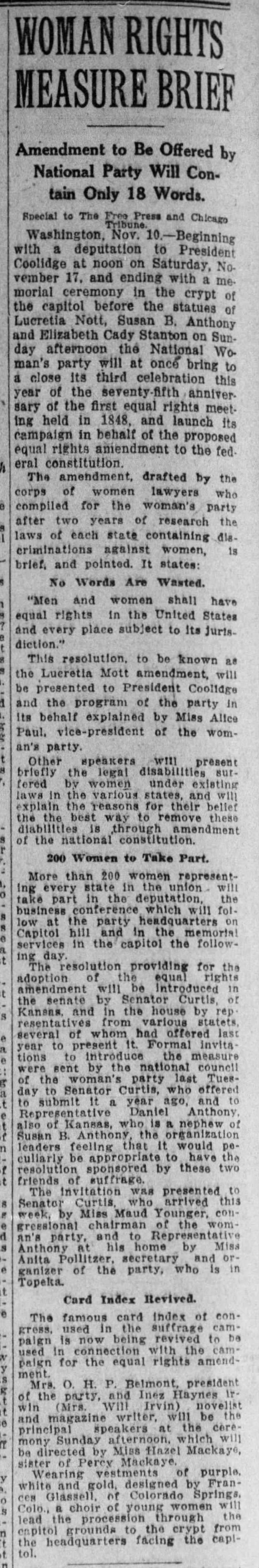 Activists launch "campaign in behalf of the proposed equal rights amendment" in November 1923