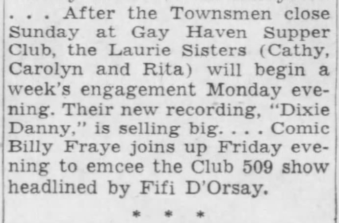 Laurie Sisters to appear at The Gay Haven Supper Club, Detroit, MI  May 20th 1955