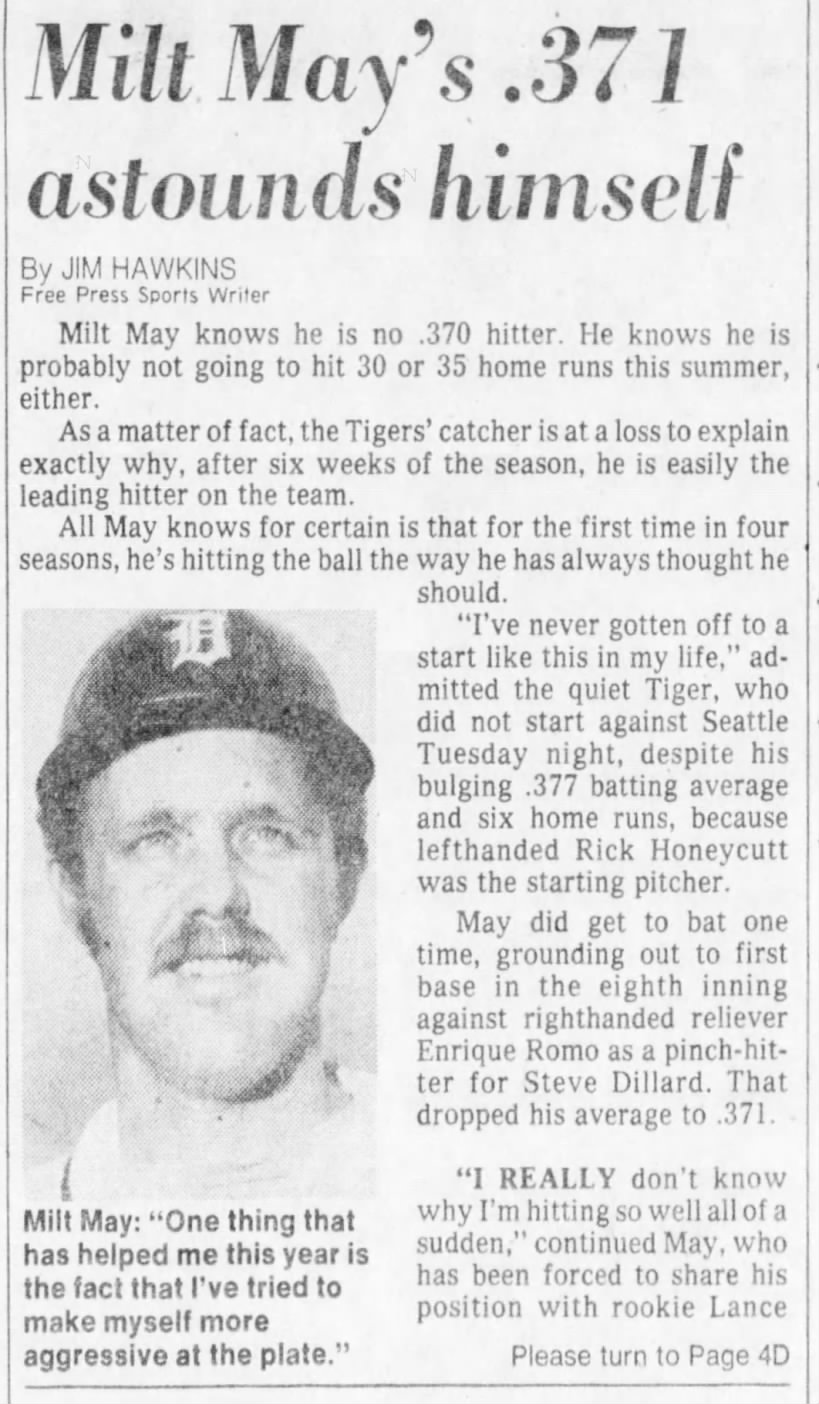 Wed 5/17/78: Milt May - leading hitter.