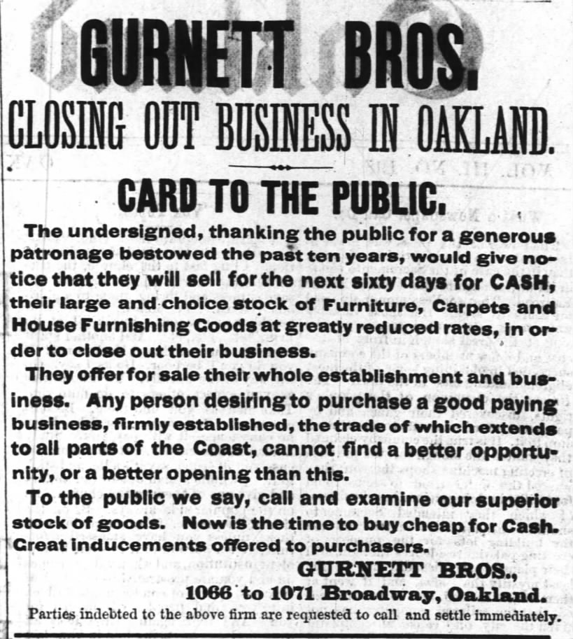 Gurnett Brothers -- closing out business
