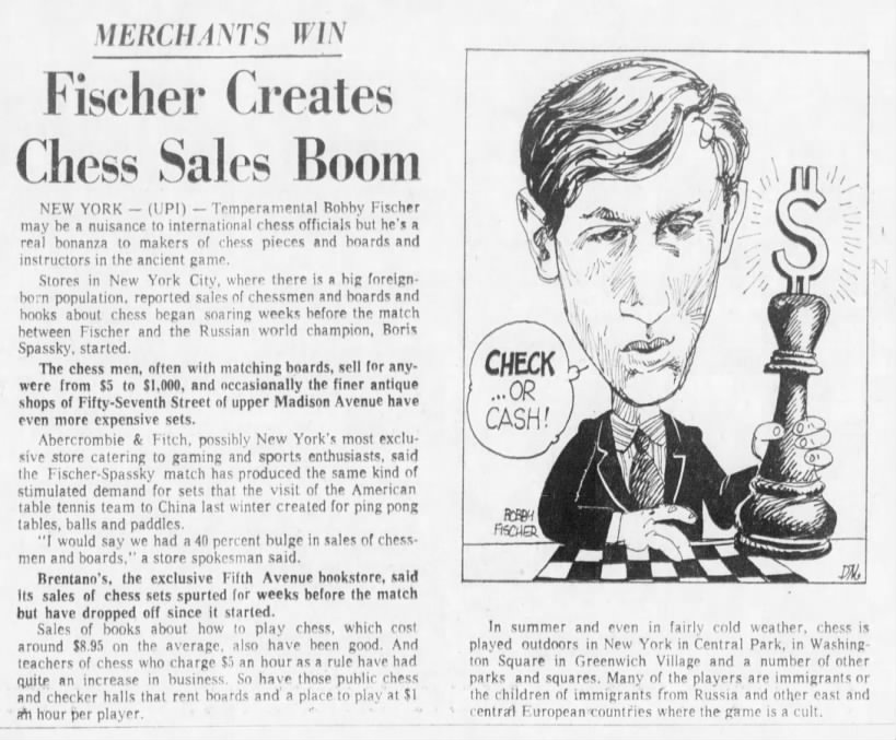 Fischer Creates Chess Sales Boom
