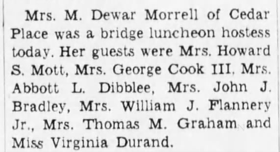 Gwendolyn is guest at bridge luncheon held by Mrs M. Dewar Morrell - Fri. 7 Nov 1941