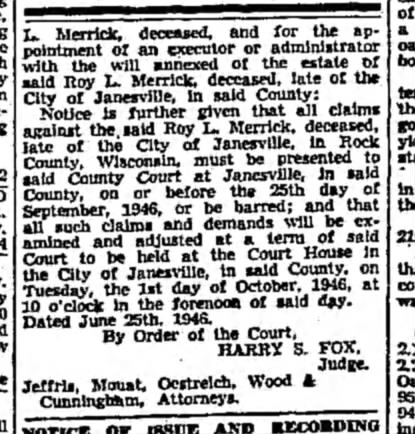 Roy L. Merrick 12 July 1946
Janesville, WI.
