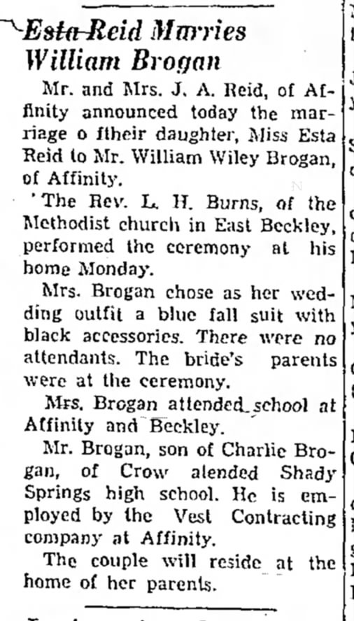 William Wiley Brogan weds (son of Charles Wiley Brogan)