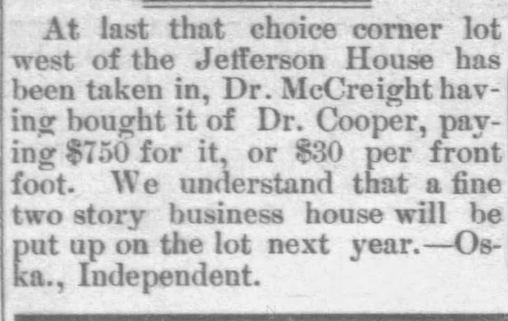 Mccreight bought lot west of Jefferson House, Dec 1897