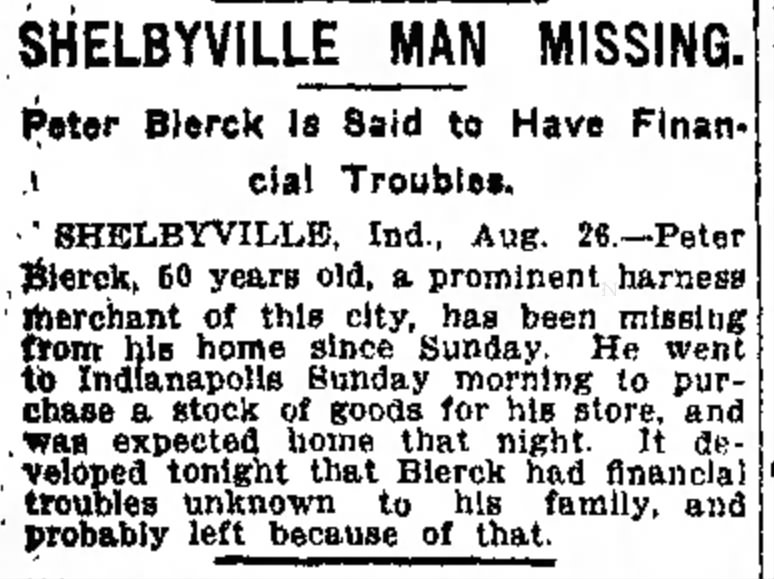 Peter Bierck of Shelbyville missing. Aug. 27, 1913
