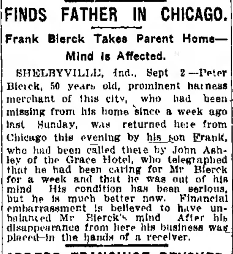 Peter Bierck found by son. Sept. 3, 1913