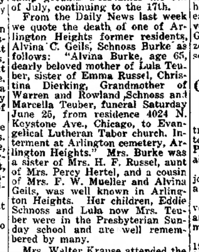 Alvina C Giles Schnoes Burke Death Announcement 8 July 1927 Daily Herald, Chicago