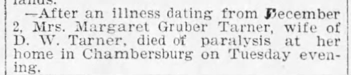 Mrs. Margaret Gruber Tarner, Wife of D.W. Tarner, Died