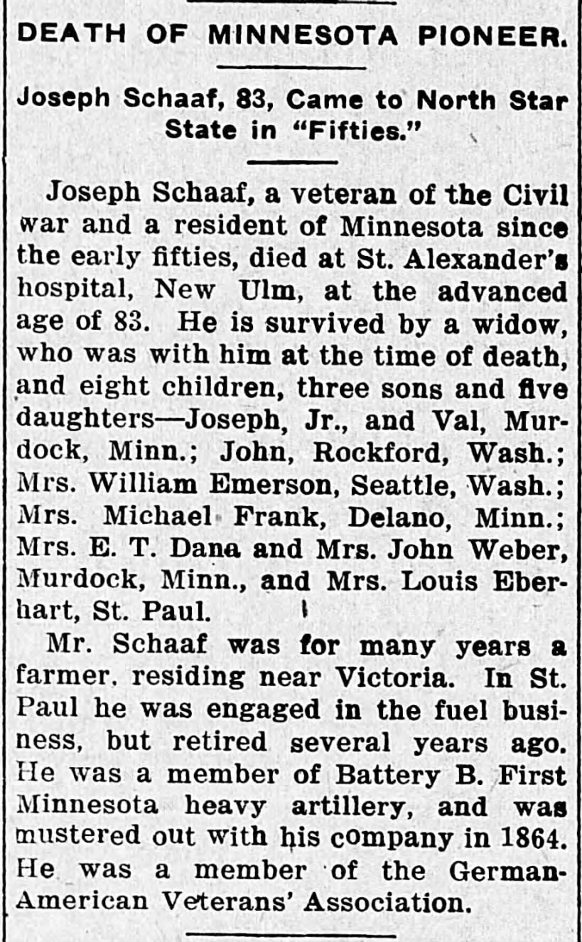 Joseph Michel Schaaf Obituary
Warren Sheaf, Warren, MN April 6, 1911