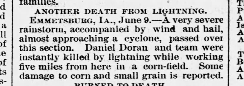 Doran, Daniel death from lightning