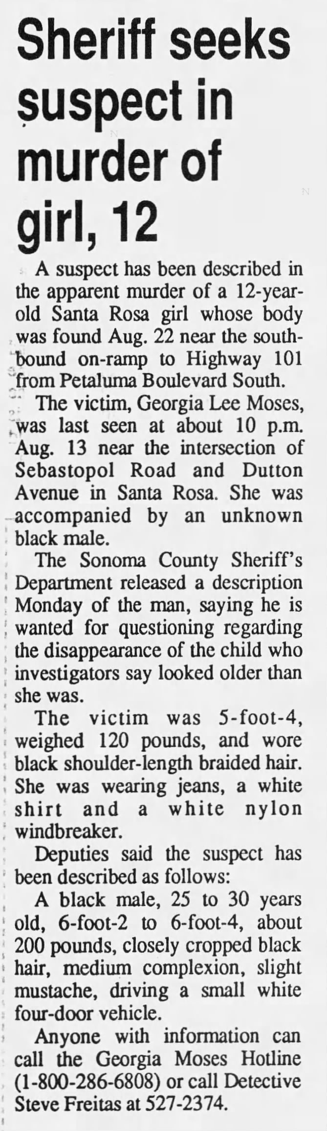 Sheriff seeks suspect in murder of girl, 12