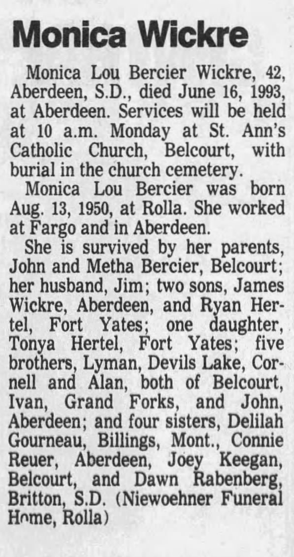 Obituary for Monica Lou Bercier Wickre, 1950-1993 (Aged 42)