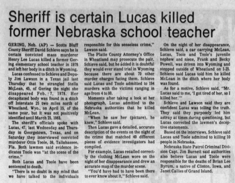 Sheriff is certain lucas killed former Nebraska school teacher