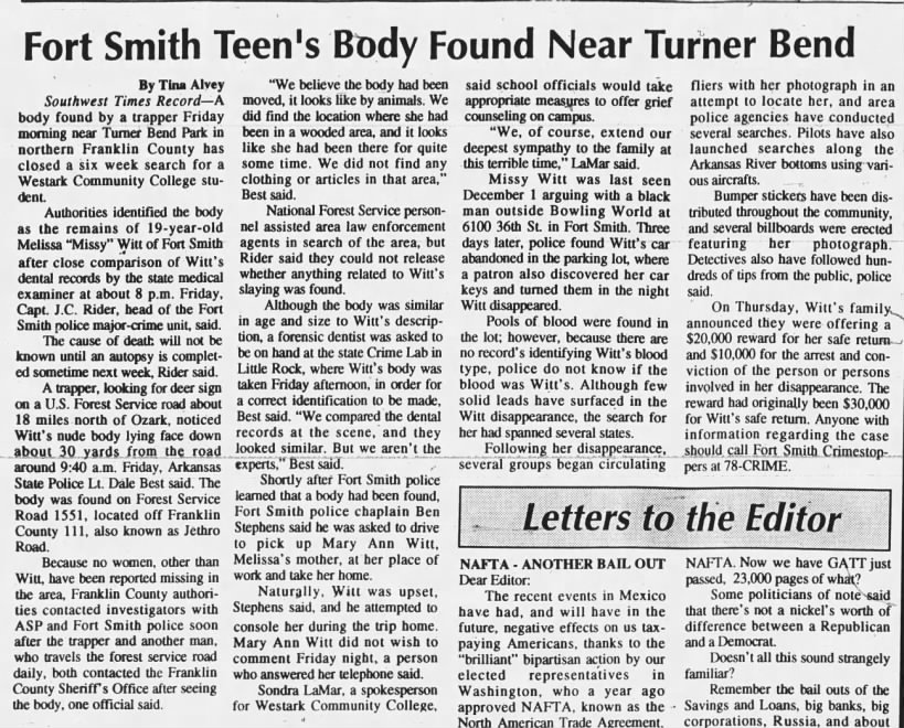 Melissa Witt - Fort Smith Teen's Body Found Near Turner Bend
