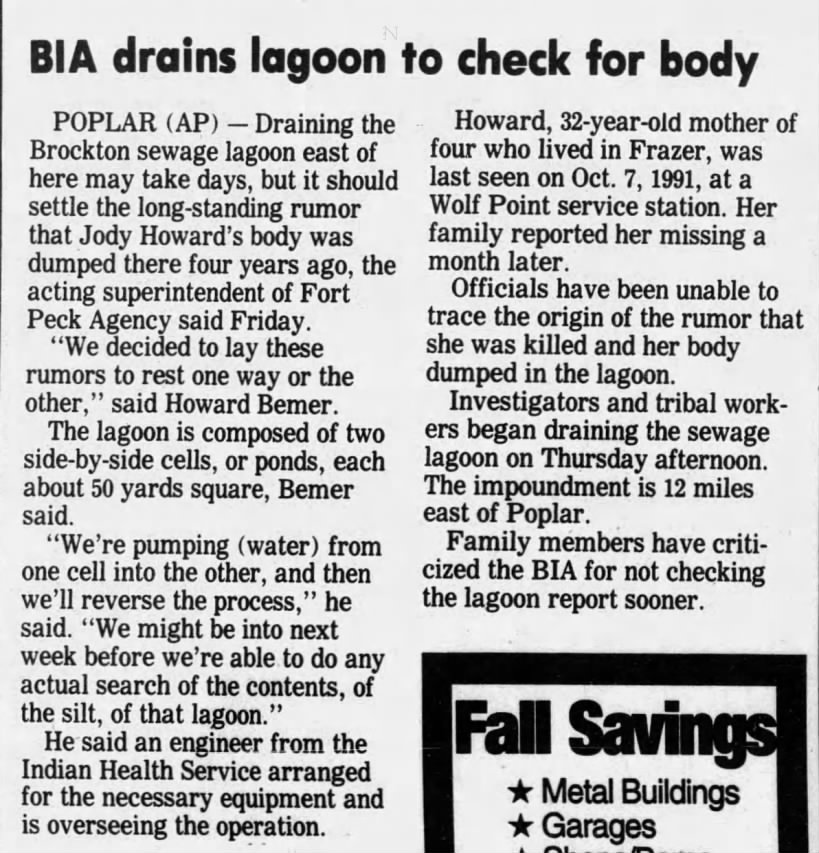 Jody Fern Howard - BIA drains lagoon to check for body