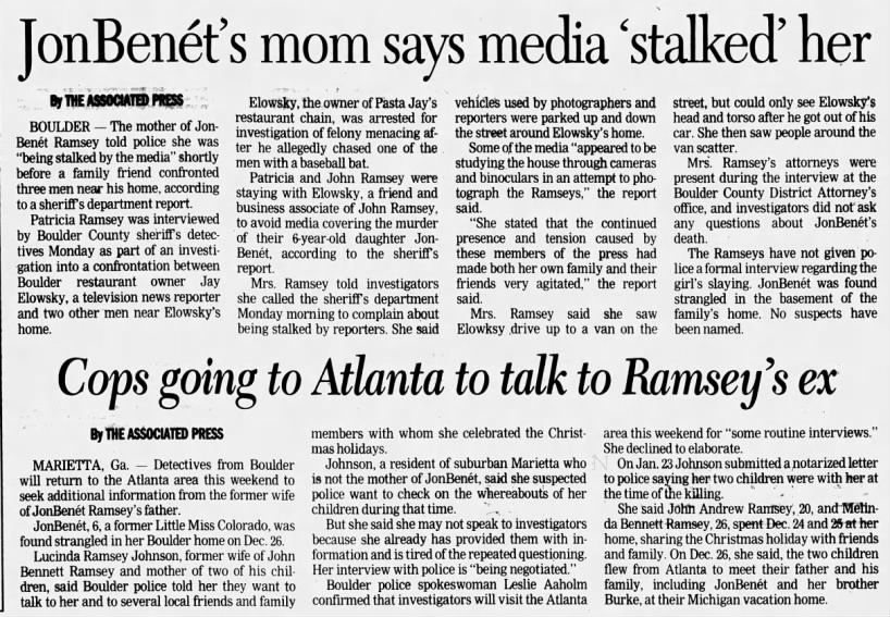 JonBenet's mom says media 'stalked' her/Cops going to Atlanta to talk to Ramsey's ex