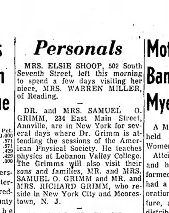 1955 January 27 Samuel Grimm in Personals Column