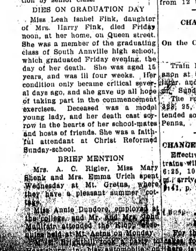 1907 May 25 Death of Leah Isabel Fink on graduation day