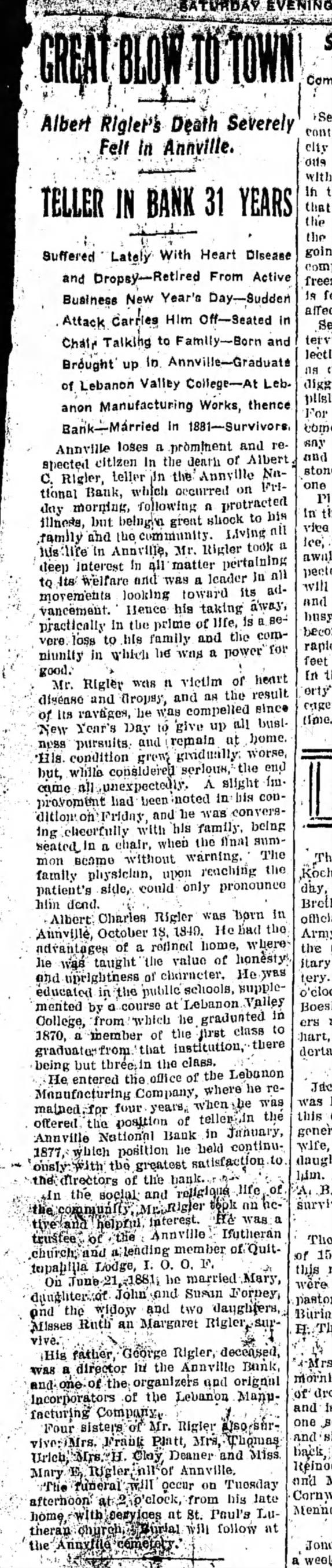 1904 February 27 Death of Albert Rigler (one of first LVC grads)