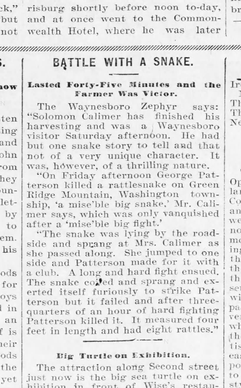 1901 August 14 Calimer and Patterson snake story