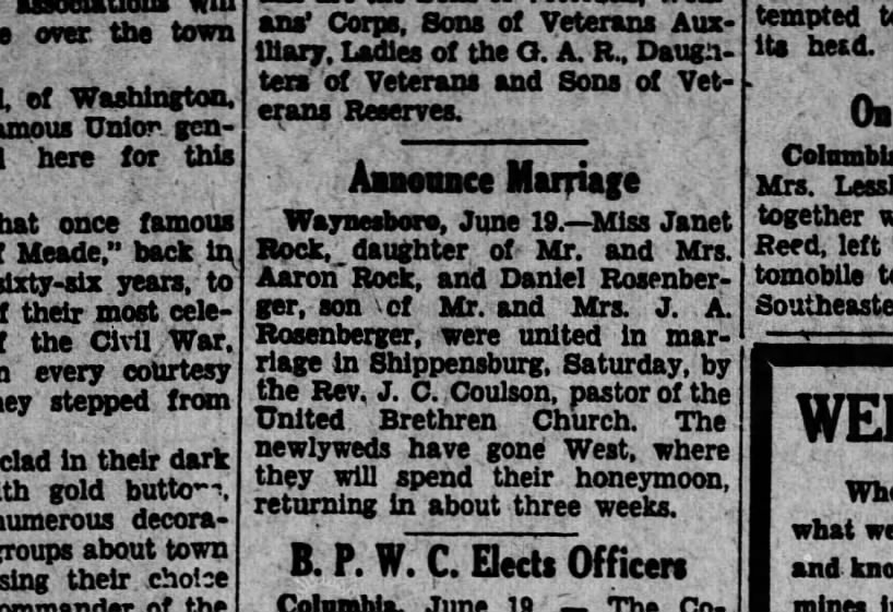1929 June 19 Janet Rock & Daniel Rosenberger wed