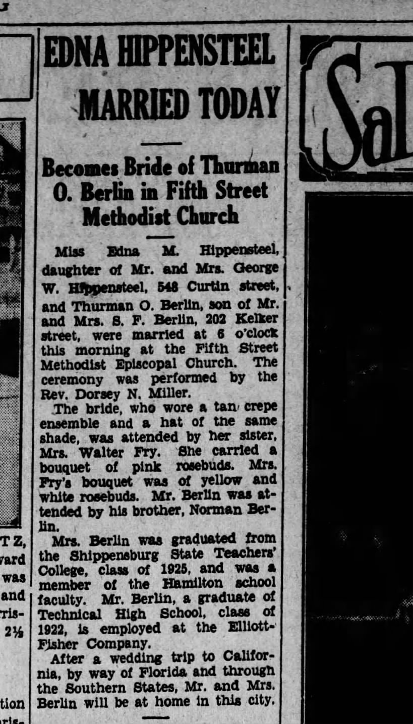1929 September 10 Edna Hippensteel wed