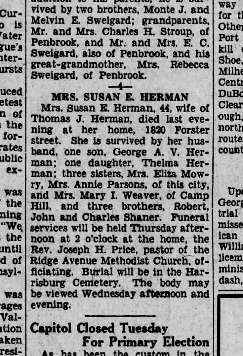 September 10, 1929 Susan E. Herman Harrisburg Telegraph