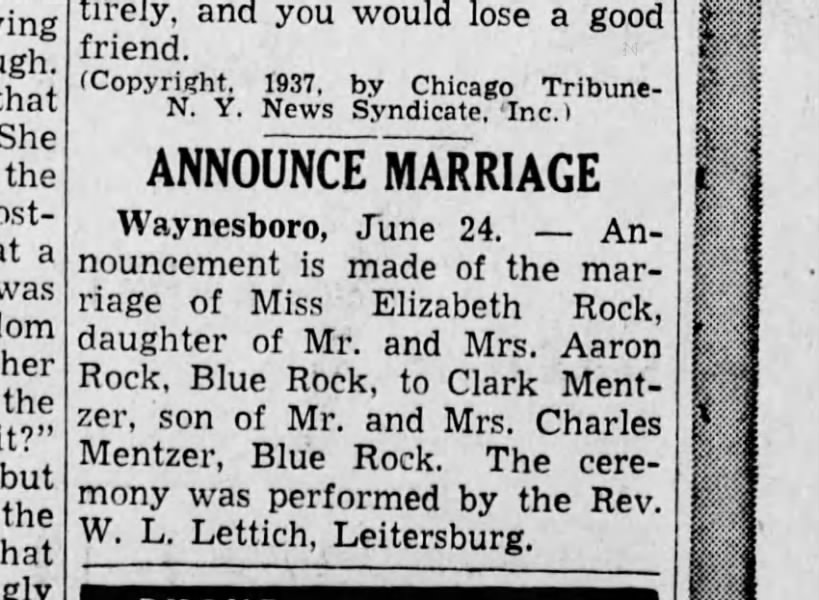 1937 June 24 Elizabeth Rock & Clark Mentzer