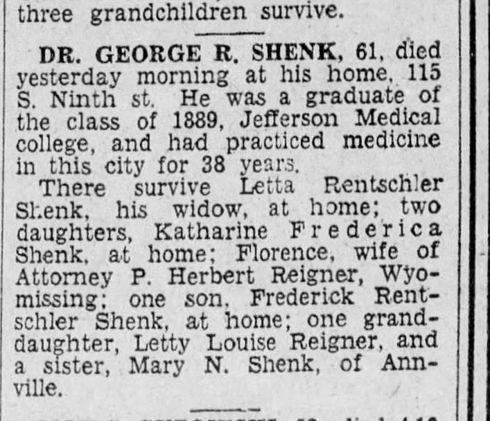 1930 July 8 Death of Dr. George R. Shenk
