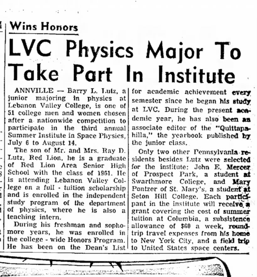 1964 Barry Lutz, physics major, takes part in Summer Institute in Space Physics